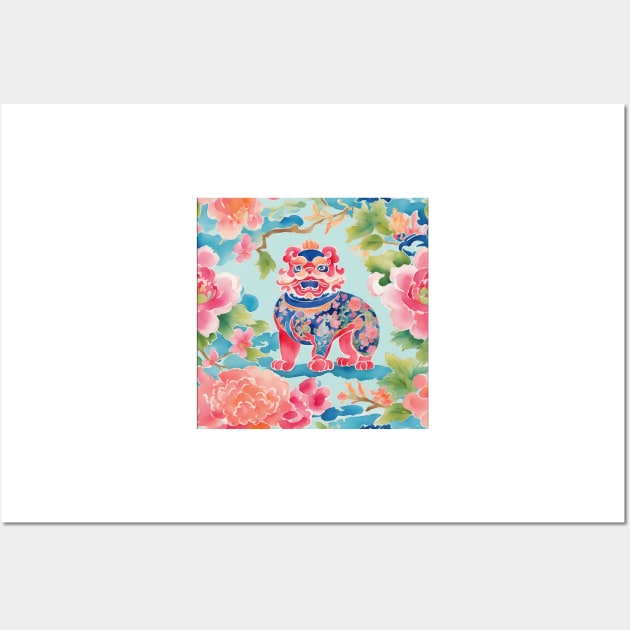 Foo Dog preppy chinoiserie watercolor painting Wall Art by SophieClimaArt